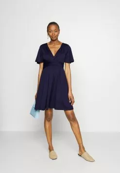 Sleeves Wrap Waist V Flared Mini Dress - Robe En Jersey - Dark Blue -Hauts Boutique 1c4dc059494d4c4a933218b1584873cf