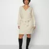 Wrap V Ausschnitt Mini Strickkleid Mit Gürtel - Robe Pull - Off White