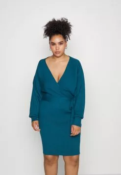 Wrap V Ausschnitt Mini Strickkleid Mit Gürtel - Robe Pull - Teal
