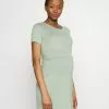 Short Sleeves Ruched Waist Mini Flared Dress - Robe En Jersey - Light Green