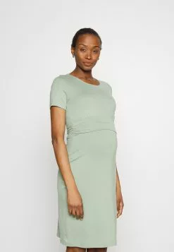 Short Sleeves Ruched Waist Mini Flared Dress - Robe En Jersey - Light Green