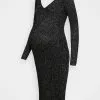 Lurex V Ausschnitt Ripp Midi Bodycon Strickkleid - Robe Pull - Black