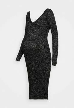 Lurex V Ausschnitt Ripp Midi Bodycon Strickkleid - Robe Pull - Black